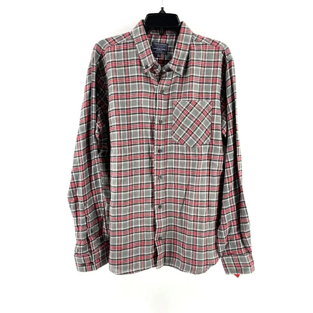 Jackson Hole Men's Gray Red Plaid Flannel Button Down Long Sleeve Shirt Size L
